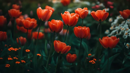 Red tulips stand in clustered groups within a dim garden