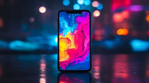 Smartphone with neon abstract screen in moody bokeh city scene.