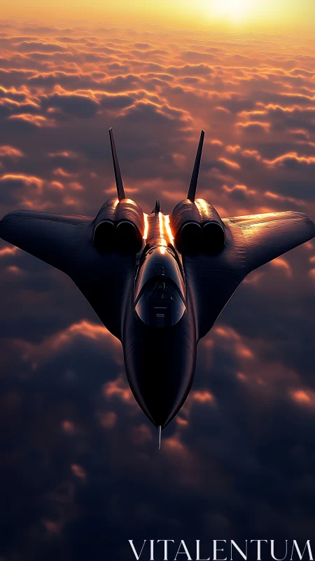 Stealth aircraft over sunlit clouds in cinematic golden hour.