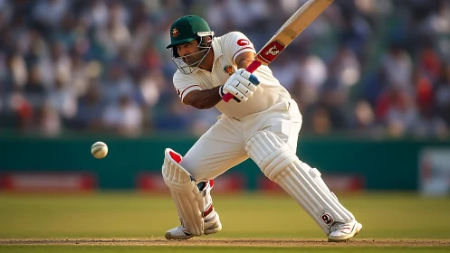 Right-handed test batsman executing front-foot defensive stroke