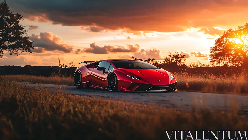 Red sports coupe on rural road under sunset sky.