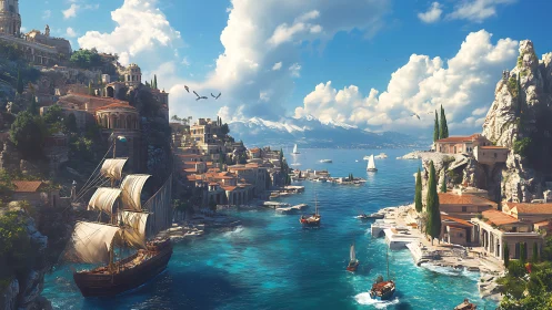 Fantasy Mediterranean harbor city with tall ships and villas.