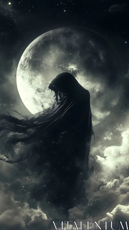 Shrouded spectral figure eclipsing full moon in clouded night.