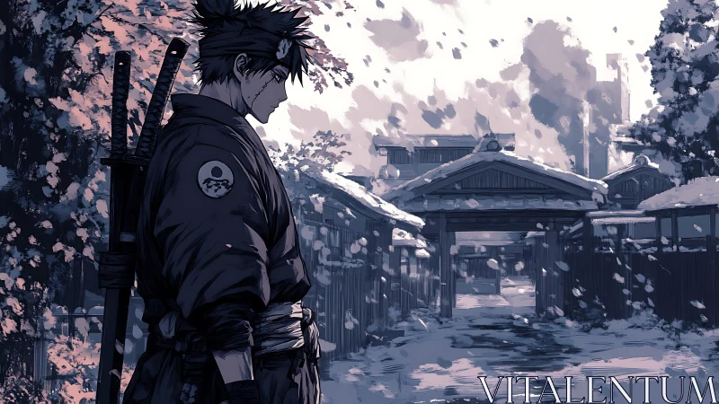 Solitary samurai pauses in snowfall outside quiet village gate.