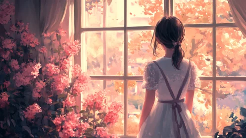 Daydreaming girl lets painted spring pour through the window