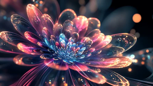 Digital painting of luminescent crystal-petal macro bloom.
