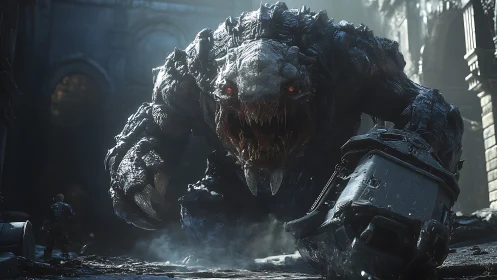 Colossal rock-skinned behemoth charging through ruined citadel.