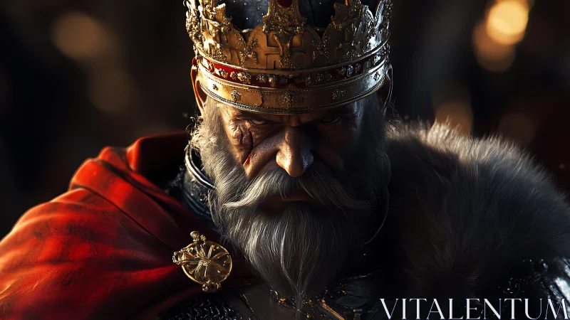 Cinematic render of battle-scarred monarch in raking light.