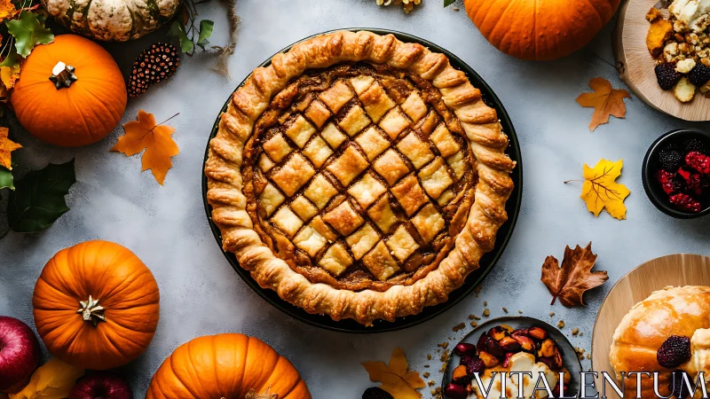 Golden lattice pumpkin pie anchors autumnal tabletop composition