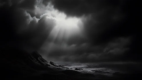 High-contrast storm seascape with volumetric crepuscular rays