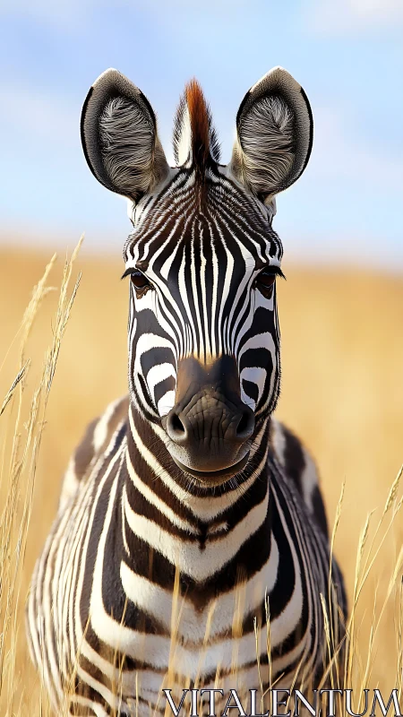 Zebra standing in golden grassland, front portrait view.