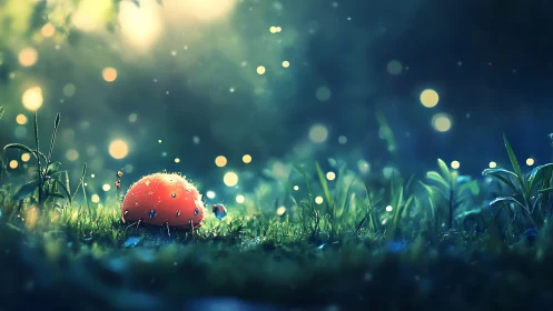 Glowing dewlit mushroom in dreamy twilight meadow.