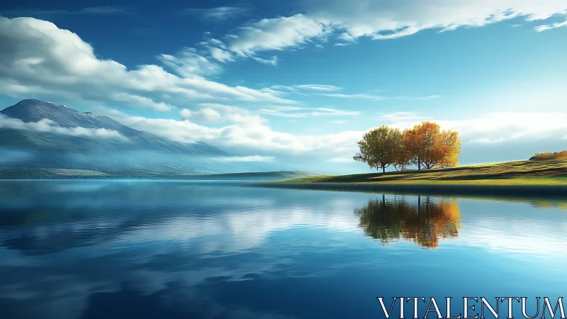 High dynamic range lakeside panorama with autumn trees and peaks.