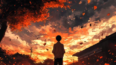 Autumn-lit silhouette beneath turbulent, ember-toned skyscape.