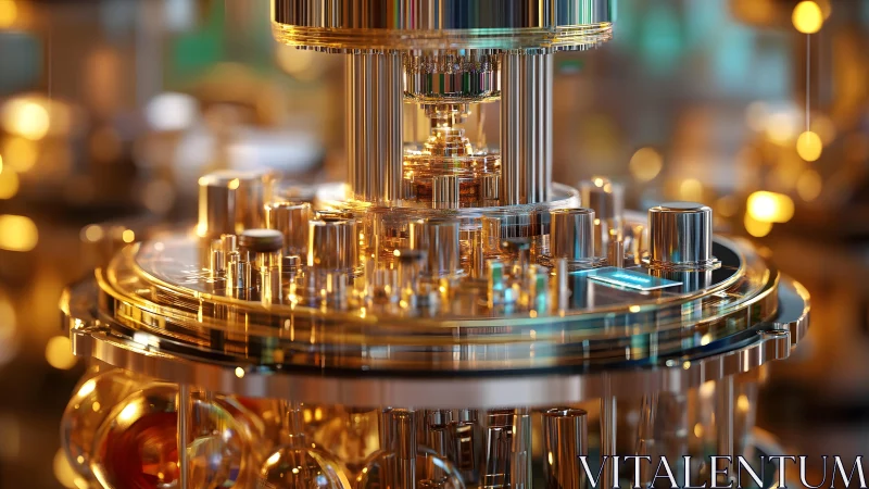 Quantum computer core in a futuristic lab, vibrant metallic style.