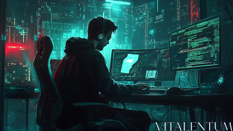 Hooded programmer at multi monitor cyberpunk workstation.
