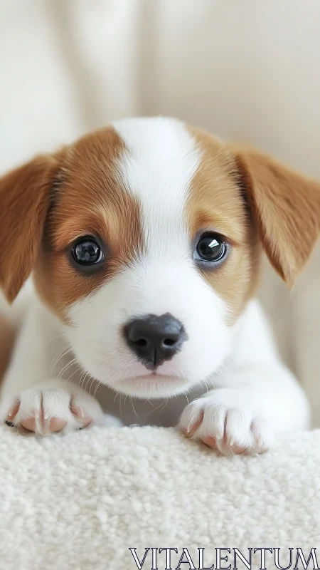 Close frontal portrait of small brown and white puppy dog.