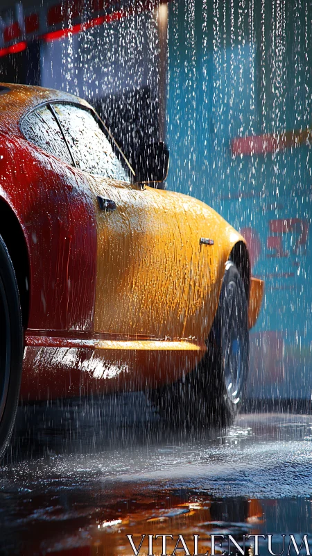 Retro sports coupe under vertical carwash rainfall simulation.