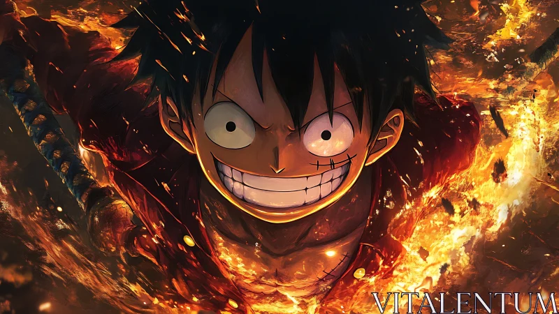 Fiery anime hero charges through swirling inferno blaze.