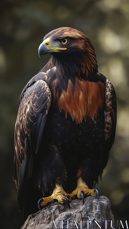 Photorealistic golden eagle portrait on rocky perch in profile.