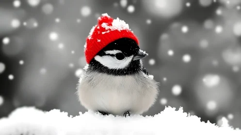 Avian Subject in Red Knit Beanie Against Snowed Background.
