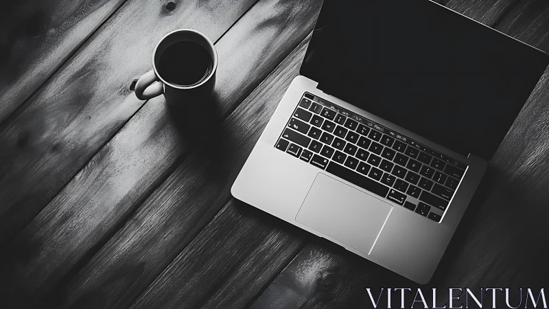 Monochrome laptop workspace on dark wooden desktop.