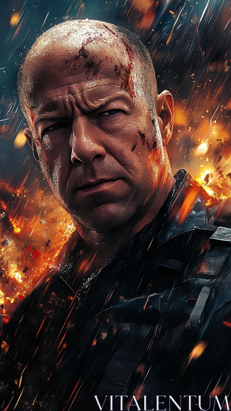 Battle-hardened hero stands strong amid roaring explosions