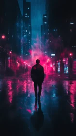 Lone night wanderer glowing in neon rainwashed streets.