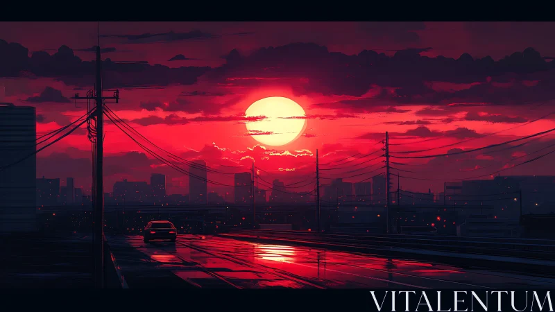 Crimson urban sunset over wet highway and silhouetted skyline.