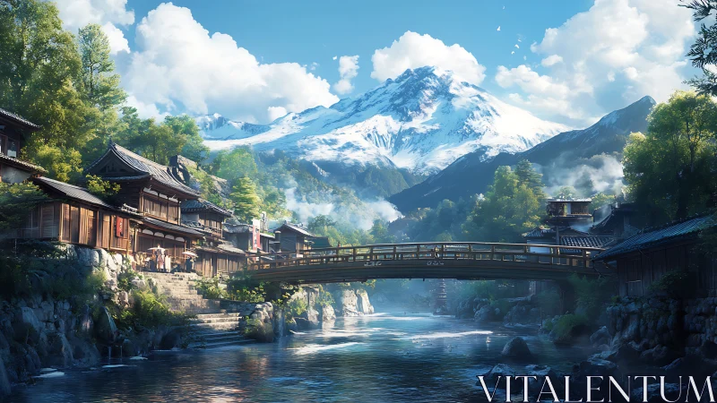 Peaceful riverside village rests beneath shining snowy peaks