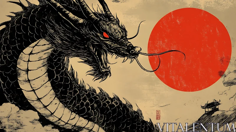 Ferocious black dragon coiled before bold red sun circle.
