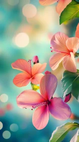 Luminous Hibiscus Blooms Against Turquoise Bokeh