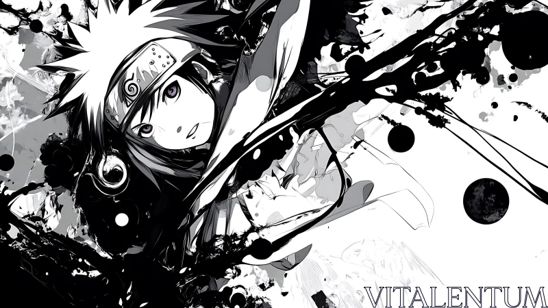 Monochrome ninja portrait with explosive ink splashes.