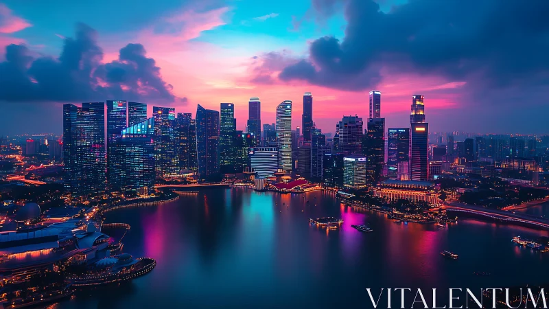 Neon-lit coastal city skyline at dusk with reflective harbor.