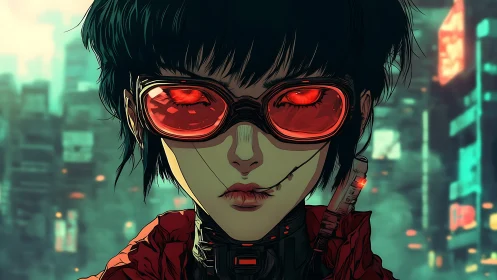 Cybernetic figure with red visor in neon urban environment.