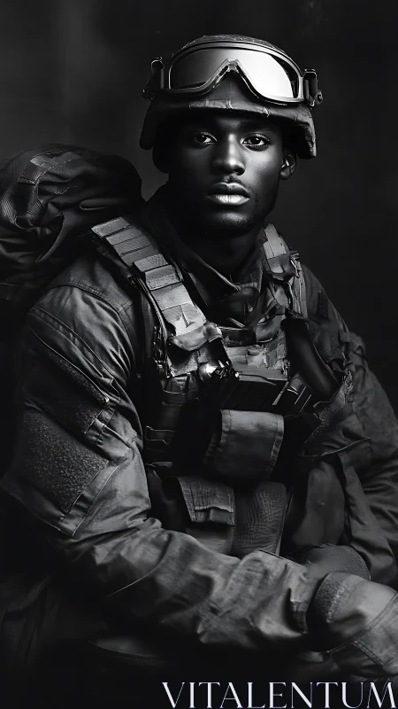 Portrait of tactical soldier in dramatic monochrome lighting.