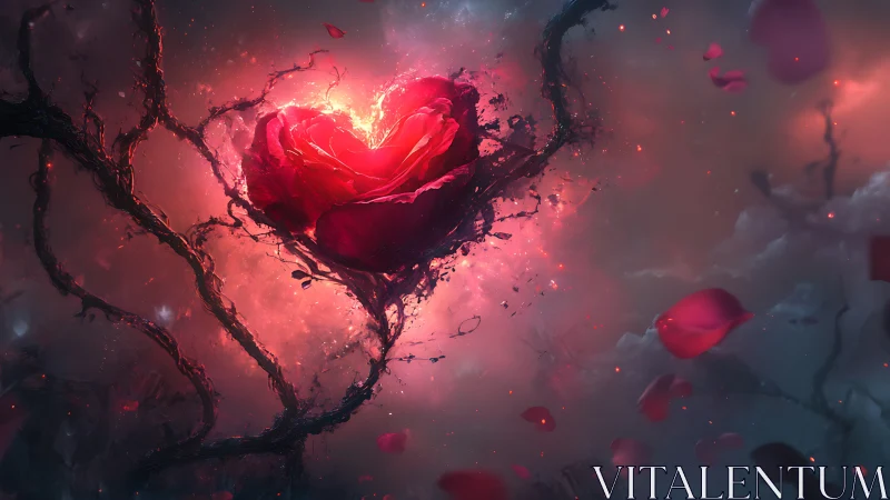 Glowing heart with twisted vines in cosmic light.