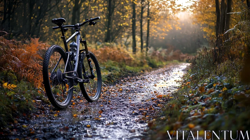 Mountain Bike Resting on Autumn Forest Trail at Golden Hour.