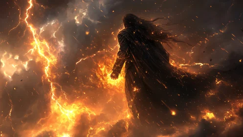 Fiery cloaked warlord commanding stormlit inferno skies.
