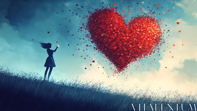 Silhouetted Figure Releasing Particulate Heart Form Against Gradient Sky.