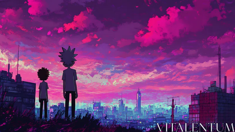 Two friends share a dreamy neon sunset above the city.