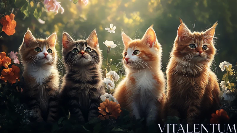 Four Kittens in Enchanted Garden. Golden Hour.