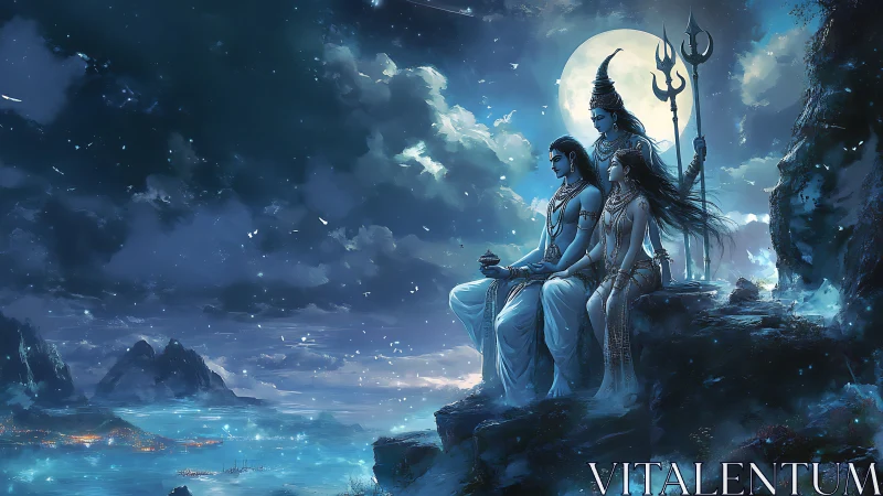 Moonlit divine trinity gazes across a storm-kissed cosmic sea.