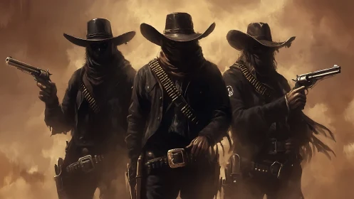 Masked gunslinger trio in sepia-toned desert gunsmoke
