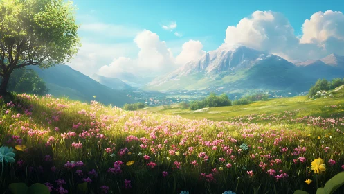 Bright wildflower meadow below snow capped mountain range.