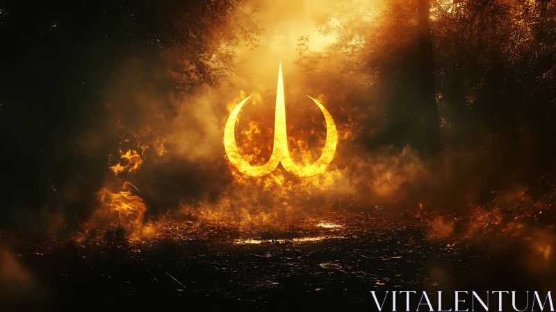 Fiery glowing symbol blazes within a dark mystical forest