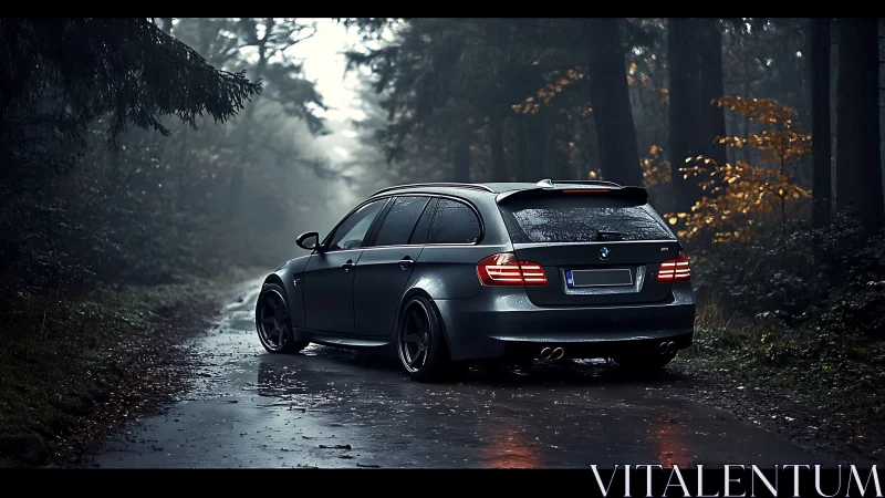 Tuned BMW touring wagon on wet forest road under diffuse mist light
