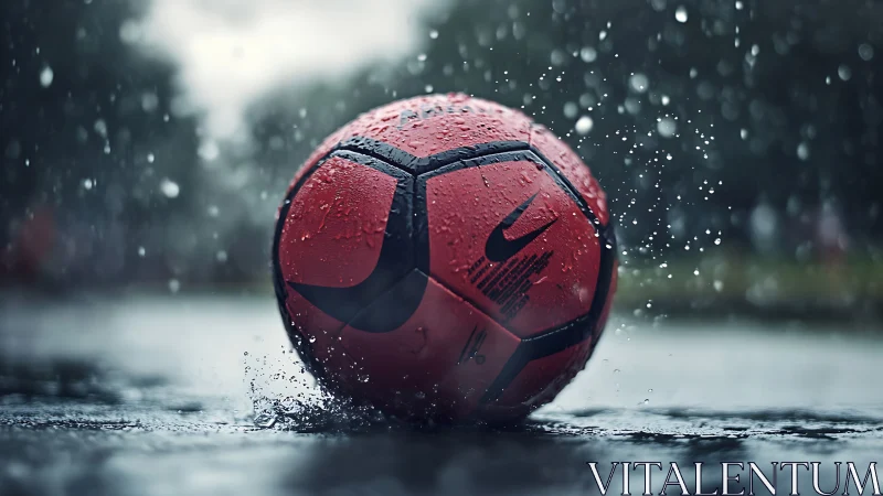 Red soccer ball lies on wet asphalt amid dramatic rainfall