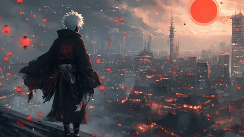 Lone masked warrior overlooks neon city at burning sunset.