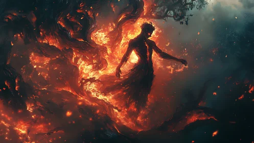Fire spirit emerging from molten inferno stormscape.